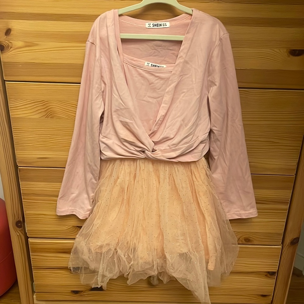 SHEIN - 2 piece tulle bottom sparkle dress with l/s twist top cover